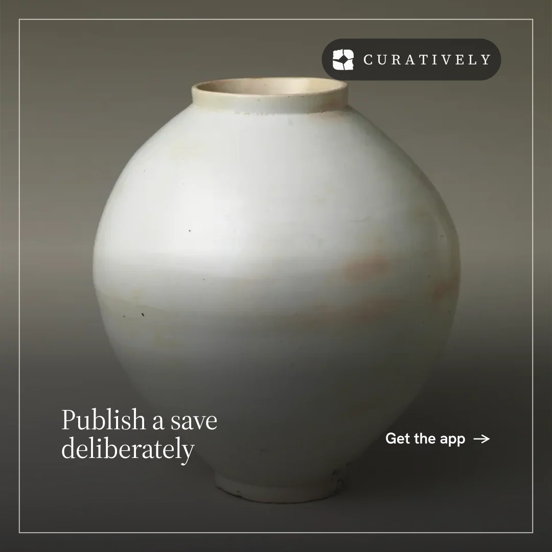 Instagram post for Curatively: "Publish a save deliberately". Editorial style, image led layout, dark palette in grey, black.