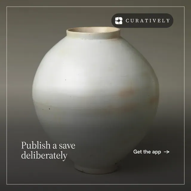 Instagram post for Curatively: "Publish a save deliberately". Editorial style, image led layout, dark palette in grey, black.