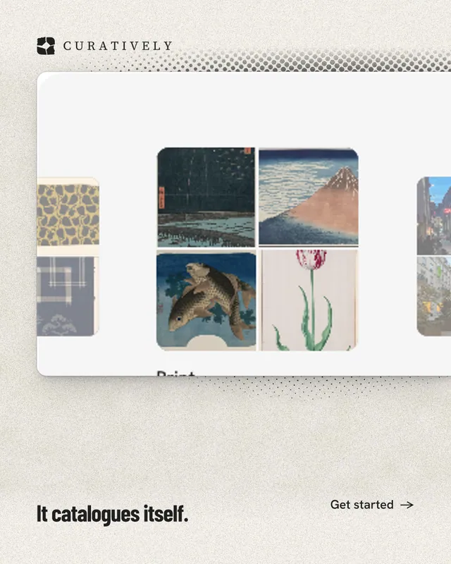 Instagram portrait post for Curatively: "It catalogues itself." Ink sticker style, image led layout, light palette in white, yellow, grey.