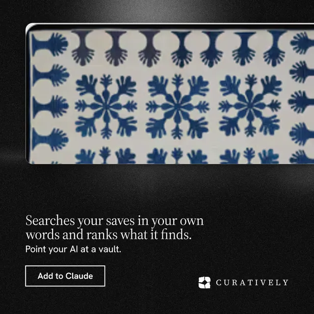 Instagram post for Curatively: "Searches your saves in your own words and ranks what it finds." Dark deco style, bottom layout, dark palette in black, grey.