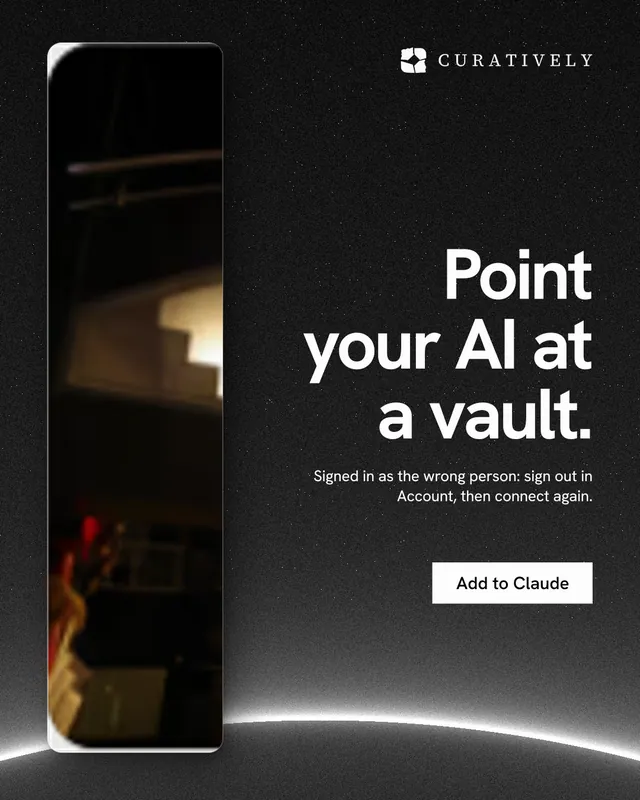 Instagram portrait post for Curatively: "Point your AI at a vault." Swiss style, right layout, dark palette in black, grey.