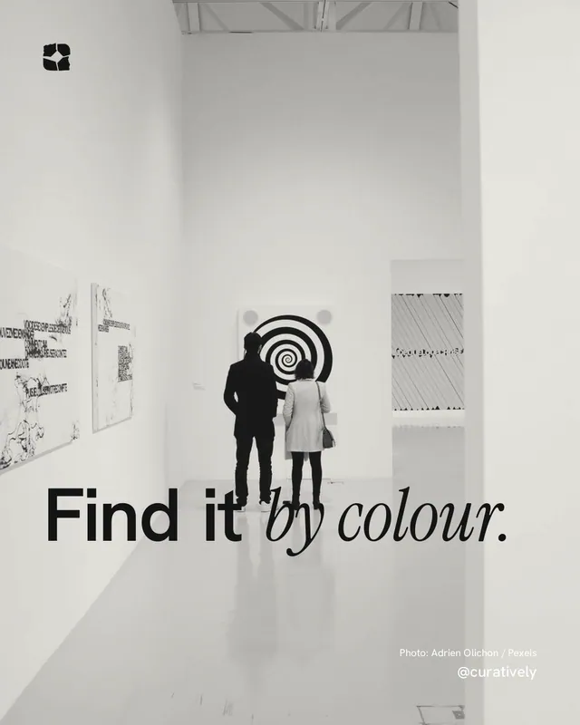 Instagram portrait post for Curatively: "Find it by colour." Duotone style, technique:pexels ingredient layout, light palette in grey, white.