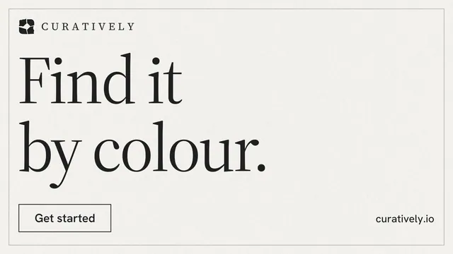 Landscape graphic for Curatively: "Find it by colour." Editorial style, poster layout, light palette in white, grey.