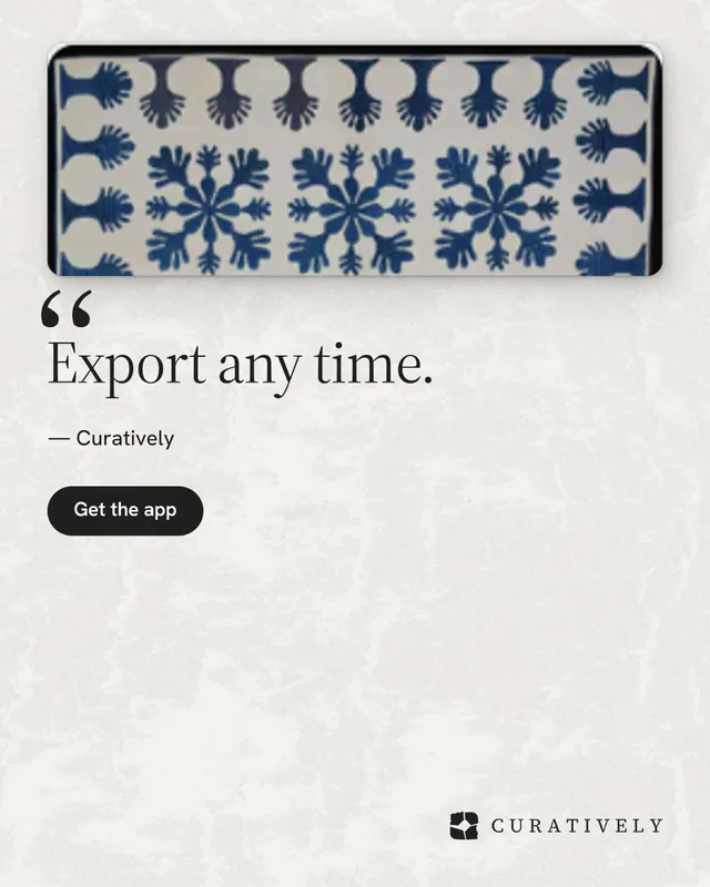 Instagram portrait post for Curatively: "Export any time." Data card style, quote layout, light palette in white, grey.