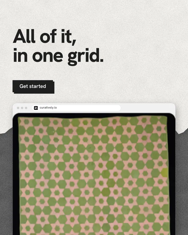 Instagram portrait post for Curatively: "All of it, in one grid." Paper trio style, browser layout, light palette in yellow, white, grey.