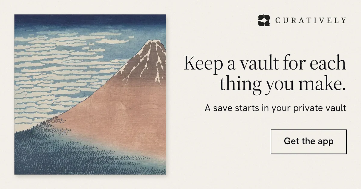 Social ad for Curatively: "Keep a vault for each thing you make." Editorial style, right layout, light palette in grey, white.