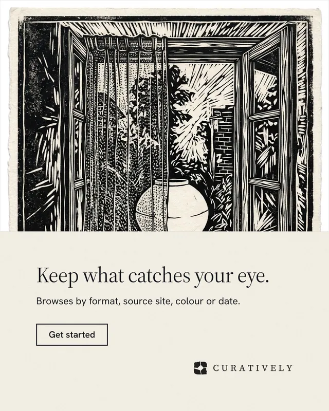 Instagram portrait post for Curatively: "Keep what catches your eye." Editorial style, bottom layout, light palette in yellow, black, grey.