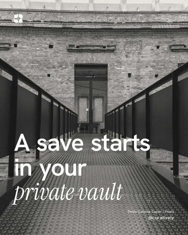 Instagram portrait post for Curatively: "A save starts in your private vault". Duotone style, technique:pexels ingredient layout, dark palette in black, grey.