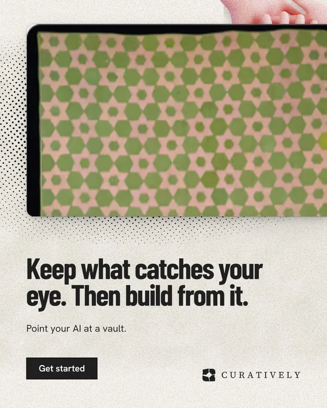 Instagram portrait post for Curatively: "Keep what catches your eye. Then build from it." Ink sticker style, bottom layout, light palette in yellow, white, grey.