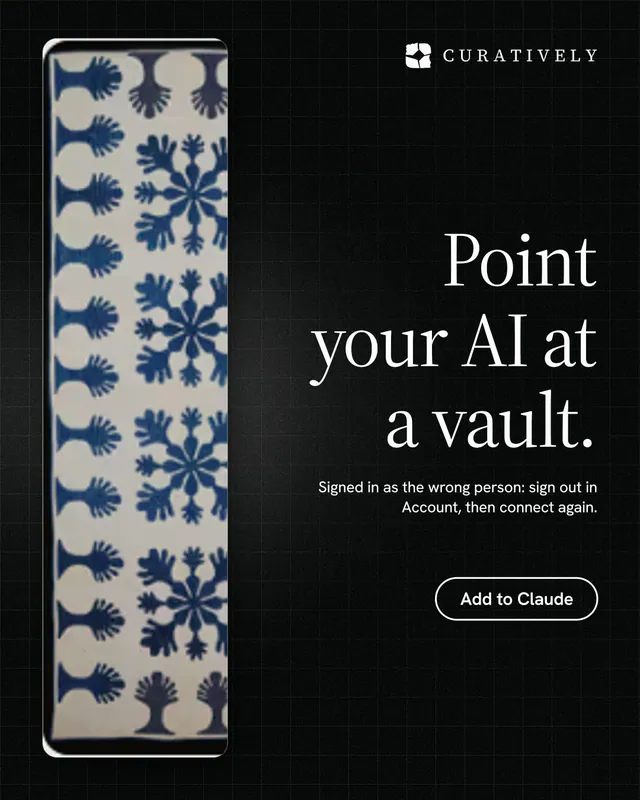 Instagram portrait post for Curatively: "Point your AI at a vault." Phosphor atlas style, right layout, dark palette in black, grey.