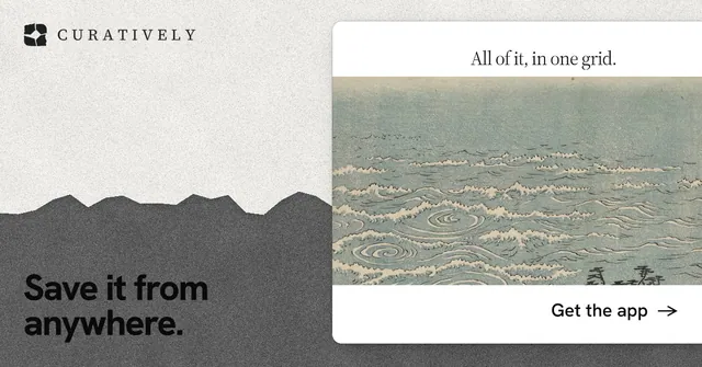 Social ad for Curatively: "Save it from anywhere." Paper trio style, image led layout, light palette in grey, white.