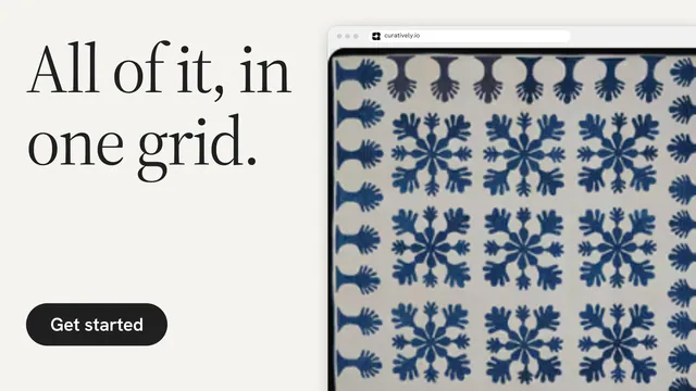 Landscape graphic for Curatively: "All of it, in one grid." Data card style, browser layout, light palette in white, grey, blue.