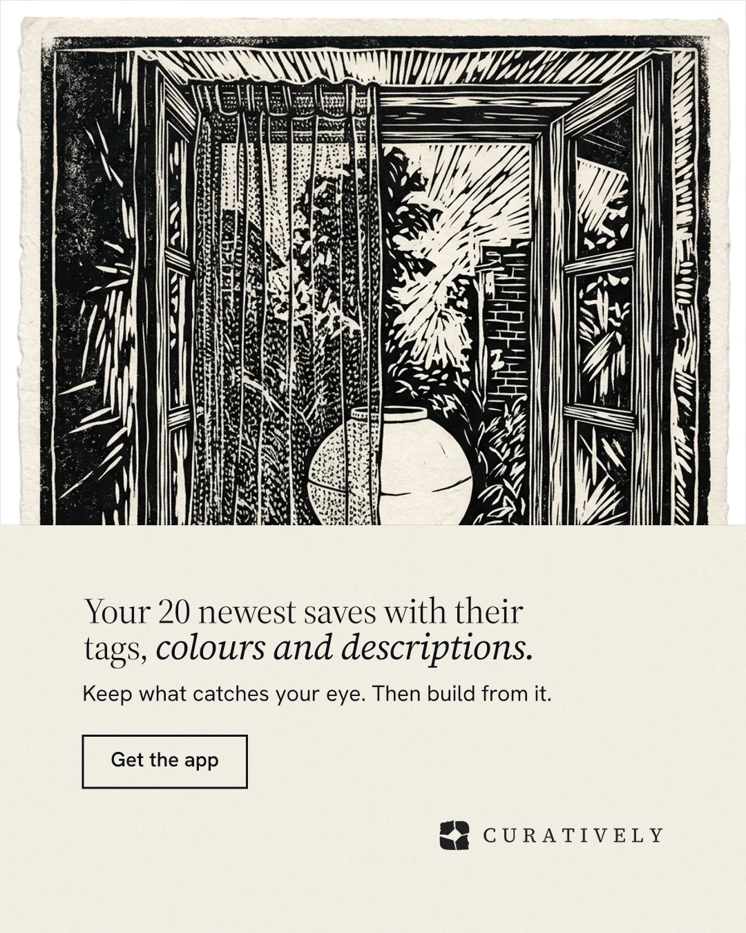 Instagram portrait post for Curatively: "Your 20 newest saves with their tags, colours and descriptions." Editorial style, bottom layout, light palette in yellow, black, grey.