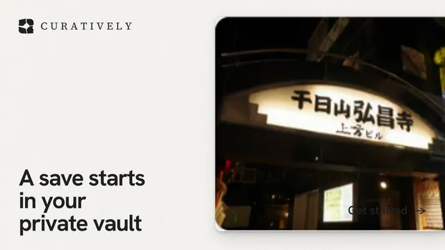Landscape graphic for Curatively: "A save starts in your private vault". Swiss style, image led layout, light palette in white, black, yellow.