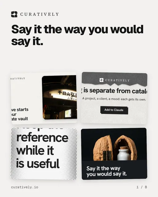 Carousel for Curatively: "Say it the way you would say it.". Collection carousel, 8 slides, light palette.