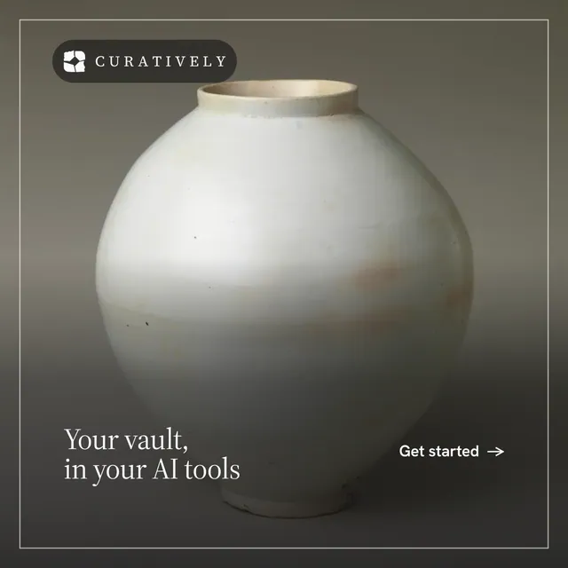 Instagram post for Curatively: "Your vault, in your AI tools". Editorial style, image led layout, dark palette in grey, black, white.
