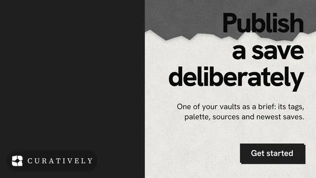 Landscape graphic for Curatively: "Publish a save deliberately". Paper trio style, right layout, dark palette in black, white, grey.