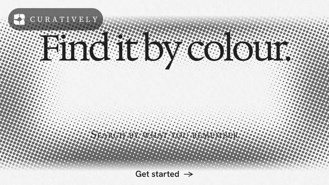 Landscape graphic for Curatively: "Find it by colour." Swiss style, smallcaps layout, light palette in grey, white.