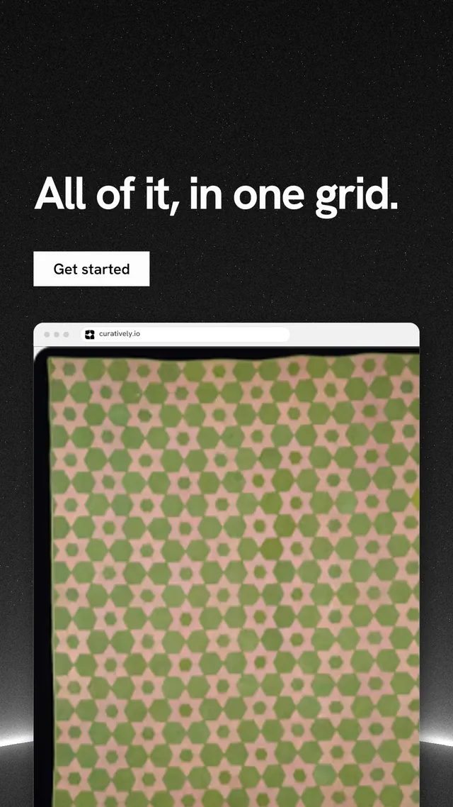 Instagram story for Curatively: "All of it, in one grid." Swiss style, browser layout, dark palette in yellow, black, orange.