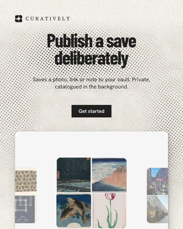 Instagram portrait post for Curatively: "Publish a save deliberately". Ink sticker style, centred layout, light palette in white, grey.