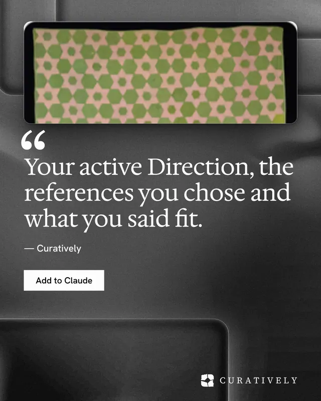 Instagram portrait post for Curatively: "Your active Direction, the references you chose and what you said fit." Swiss style, quote layout, dark palette in black, grey, orange.