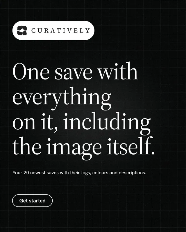 Instagram portrait post for Curatively: "One save with everything on it, including the image itself." Phosphor atlas style, announce layout, dark palette in black, grey.