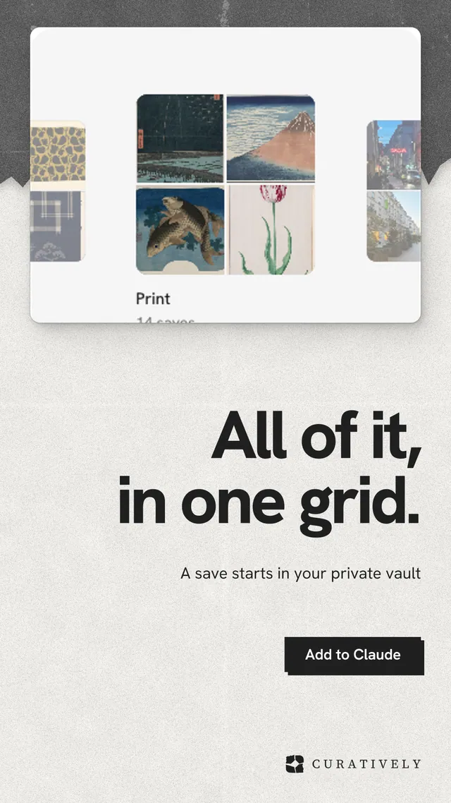 Instagram story for Curatively: "All of it, in one grid." Paper trio style, right layout, light palette in white, grey.