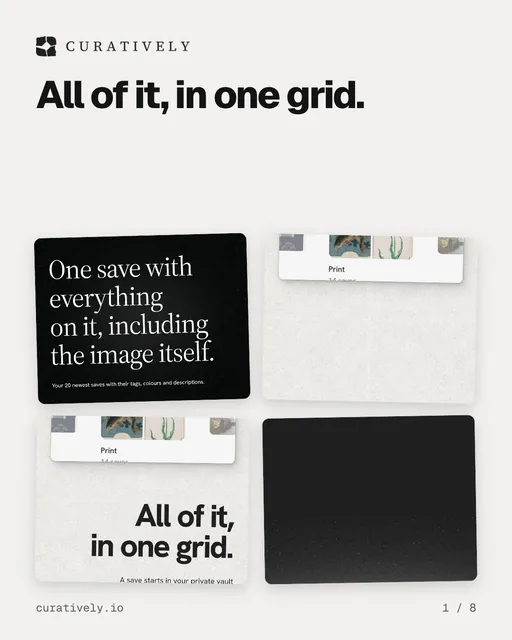 Carousel for Curatively: "All of it, in one grid.". Collection carousel, 8 slides, light palette.