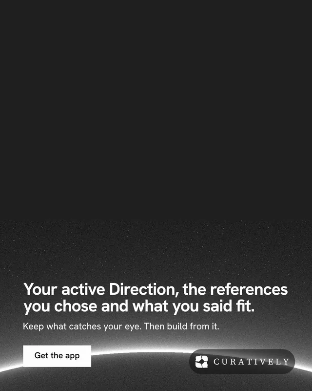 Instagram portrait post for Curatively: "Your active Direction, the references you chose and what you said fit." Swiss style, bottom layout, dark palette in black, grey.