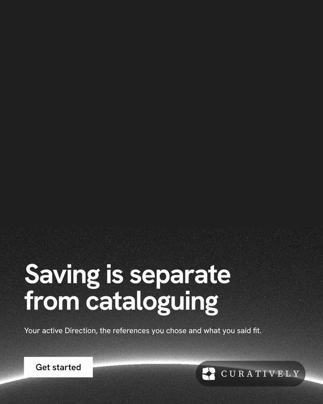 Instagram portrait post for Curatively: "Saving is separate from cataloguing". Swiss style, bottom layout, dark palette in black, grey.