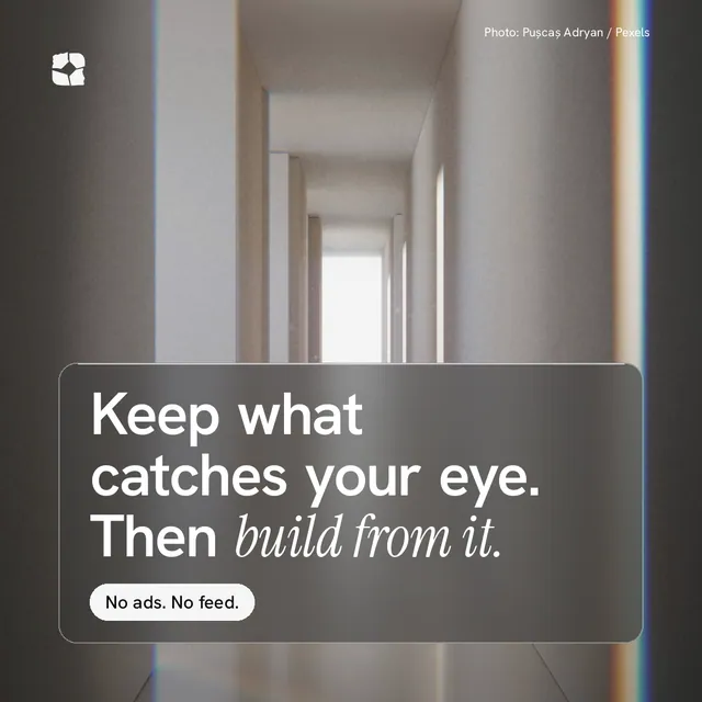 Instagram post for Curatively: "Keep what catches your eye. Then build from it." Glass style, technique:pexels ingredient layout, light palette in grey, black.