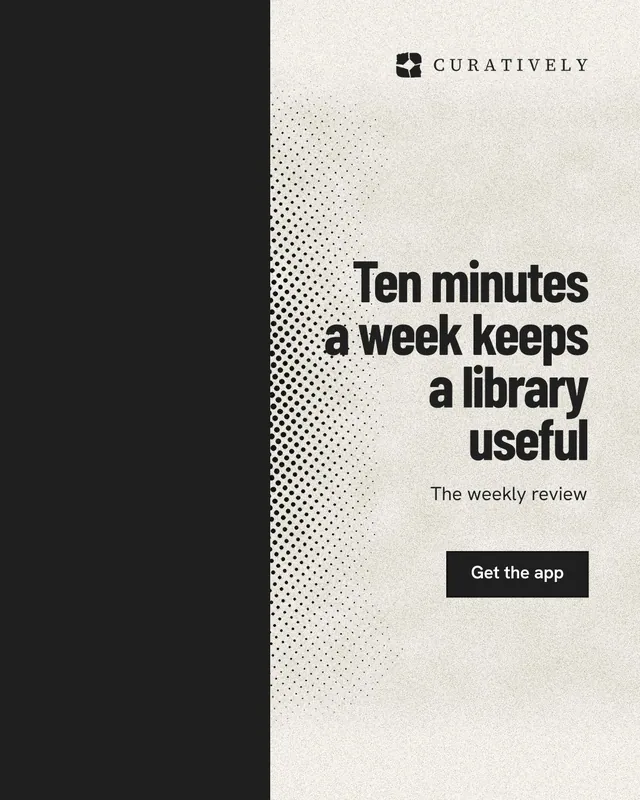 Instagram portrait post for Curatively: "Ten minutes a week keeps a library useful". Ink sticker style, right layout, light palette in black, yellow, white.