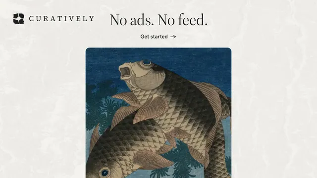 Landscape graphic for Curatively: "No ads. No feed." Editorial style, ogui layout, light palette in white, blue, grey.