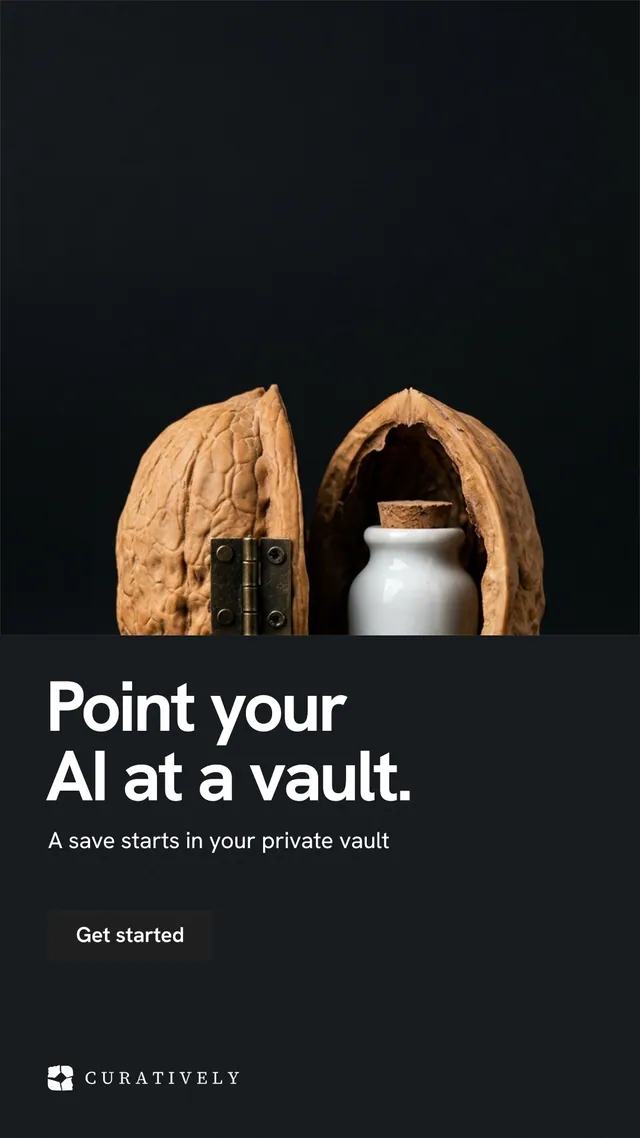 Instagram story for Curatively: "Point your AI at a vault." Swiss style, bottom layout, dark palette in black, grey.