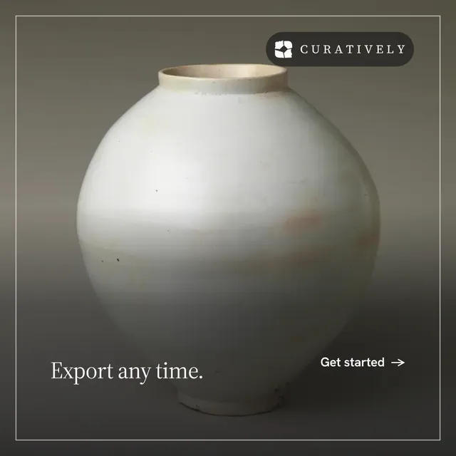 Instagram post for Curatively: "Export any time." Editorial style, image led layout, dark palette in grey, black, white.