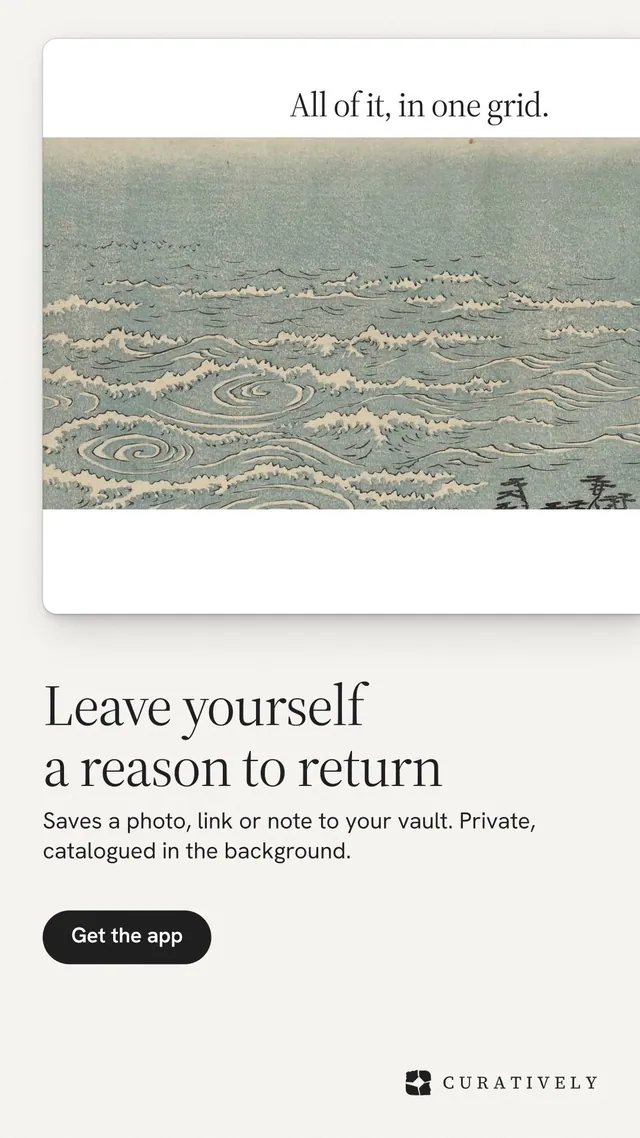 Instagram story for Curatively: "Leave yourself a reason to return". Data card style, bottom layout, light palette in white, grey.