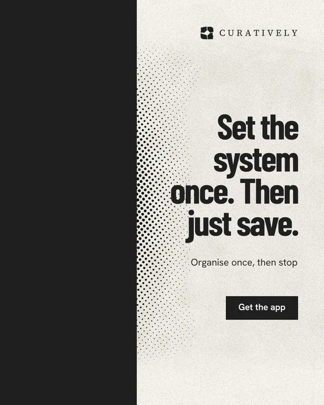 Instagram portrait post for Curatively: "Set the system once. Then just save." Ink sticker style, right layout, light palette in black, orange, white.