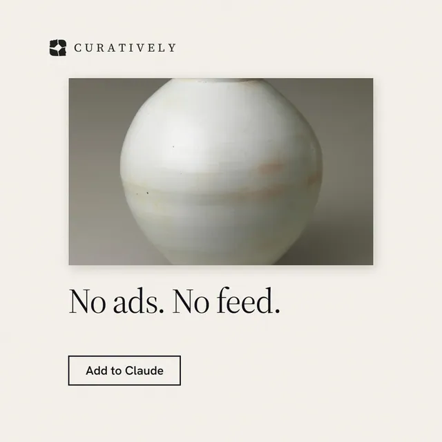 Instagram post for Curatively: "No ads. No feed." Editorial style, bottom layout, light palette in white, grey.