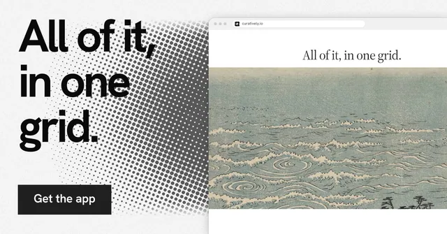 Social ad for Curatively: "All of it, in one grid." Swiss style, browser layout, light palette in grey, white.