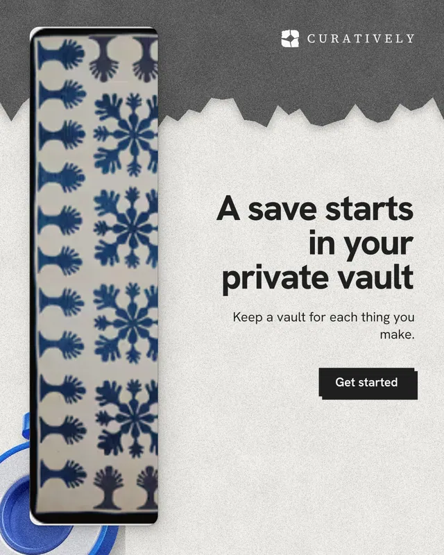 Instagram portrait post for Curatively: "A save starts in your private vault". Paper trio style, right layout, light palette in grey, white.