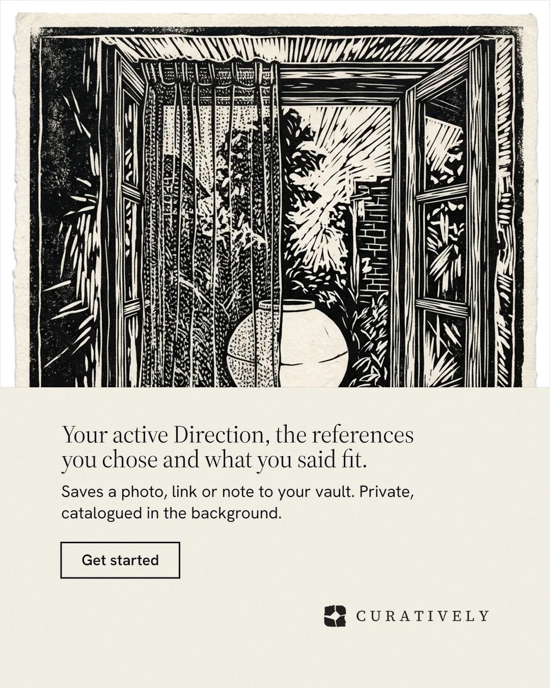 Instagram portrait post for Curatively: "Your active Direction, the references you chose and what you said fit." Editorial style, bottom layout, light palette in yellow, black, grey.