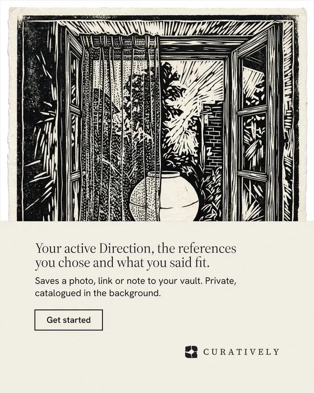 Instagram portrait post for Curatively: "Your active Direction, the references you chose and what you said fit." Editorial style, bottom layout, light palette in yellow, black, grey.