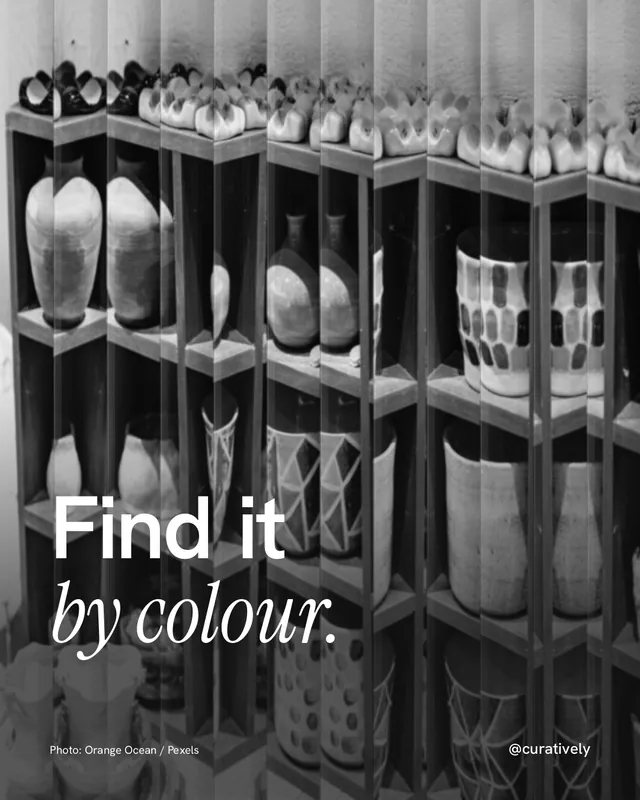 Instagram portrait post for Curatively: "Find it by colour." Photo style, technique:fluted glass layout, dark palette in black, grey.