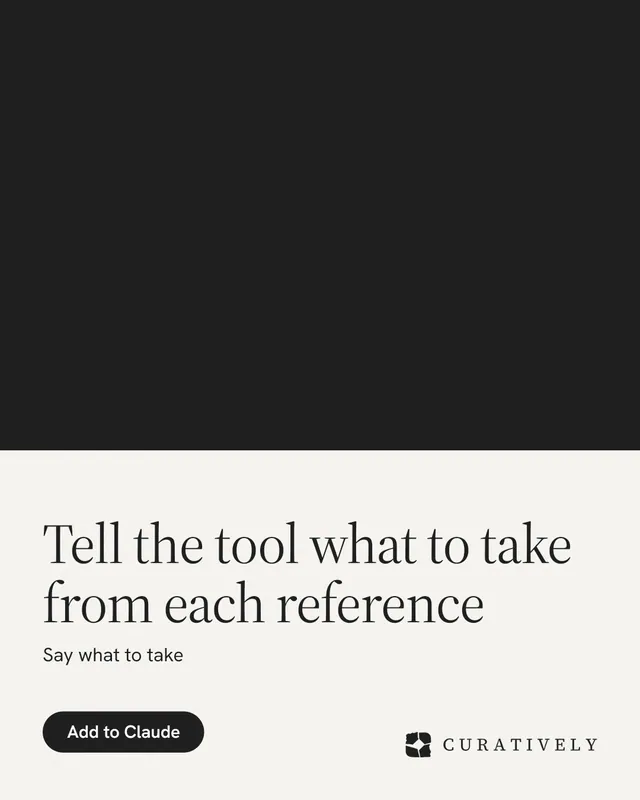 Instagram portrait post for Curatively: "Tell the tool what to take from each reference". Data card style, bottom layout, light palette in black, white, grey.