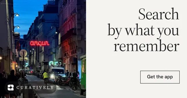 Social ad for Curatively: "Search by what you remember". Editorial style, right layout, light palette in white, purple, blue.