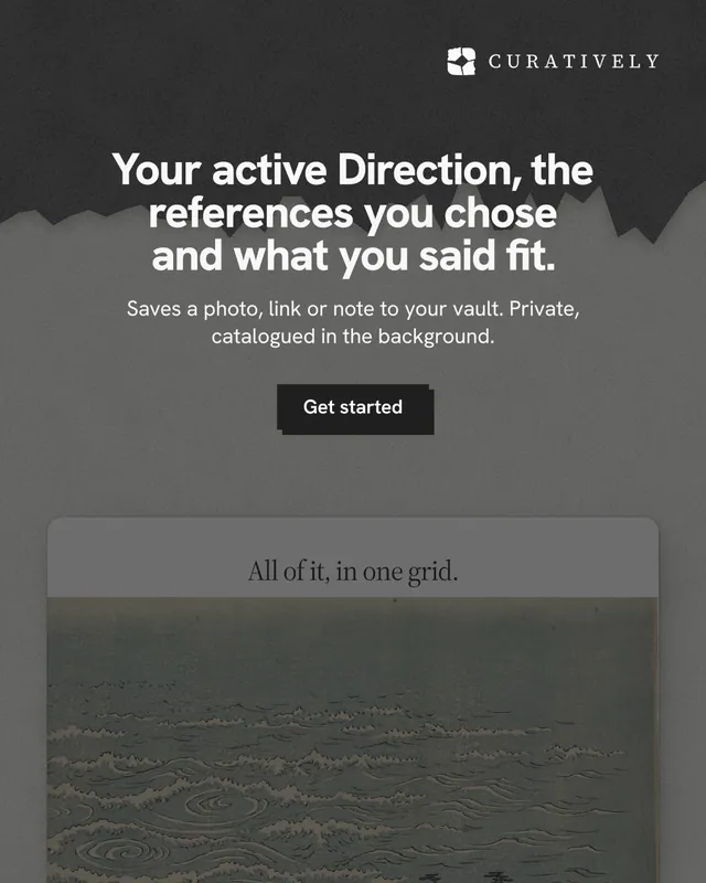 Instagram portrait post for Curatively: "Your active Direction, the references you chose and what you said fit." Paper trio style, centred layout, dark palette in grey, black.