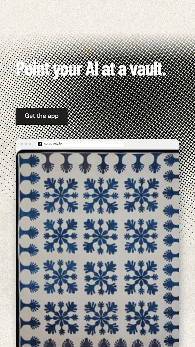 Instagram story for Curatively: "Point your AI at a vault." Ink sticker style, browser layout, light palette in grey, white.