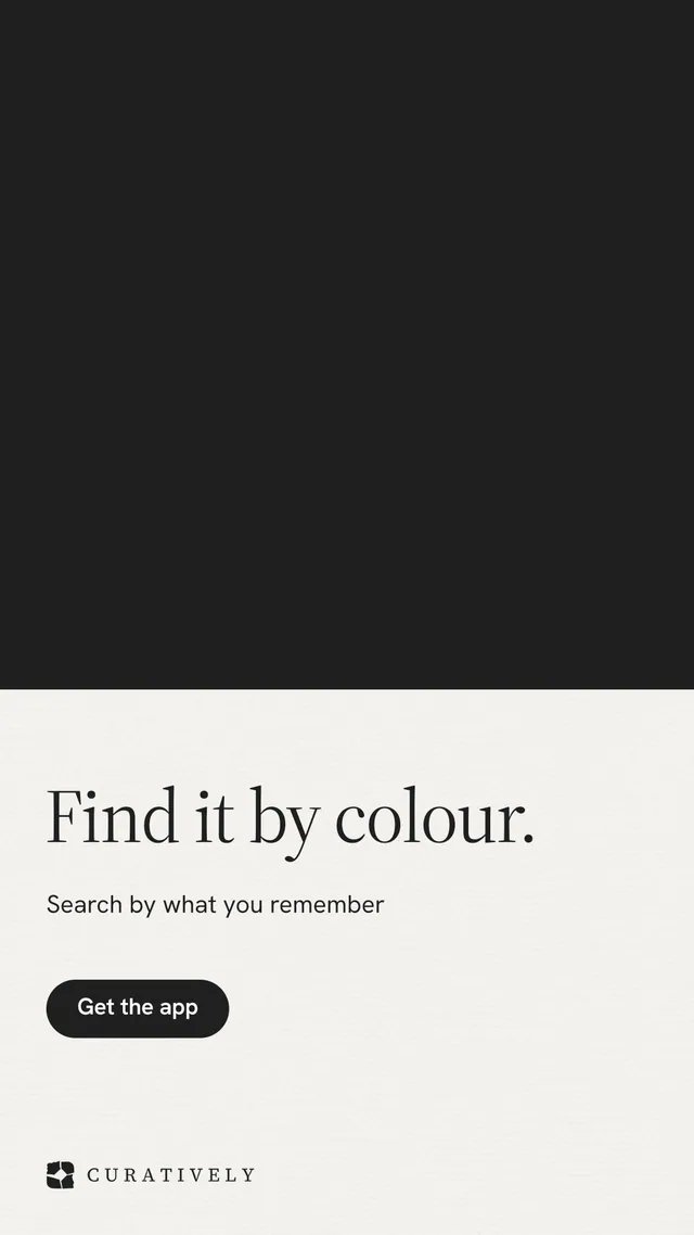 Instagram story for Curatively: "Find it by colour." Data card style, bottom layout, light palette in black, white.
