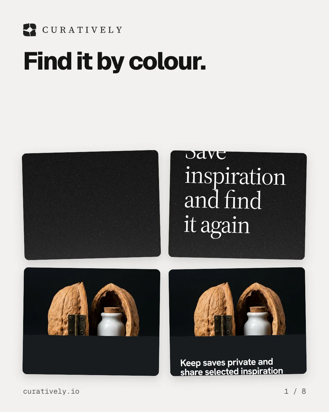 Carousel for Curatively: "Find it by colour.". Collection carousel, 8 slides, light palette.
