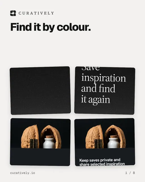 Carousel for Curatively: "Find it by colour.". Collection carousel, 8 slides, light palette.